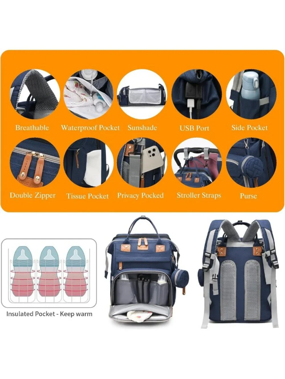Stylish Waterproof Baby Diaper Bag Backpack with Changing Station & USB Port